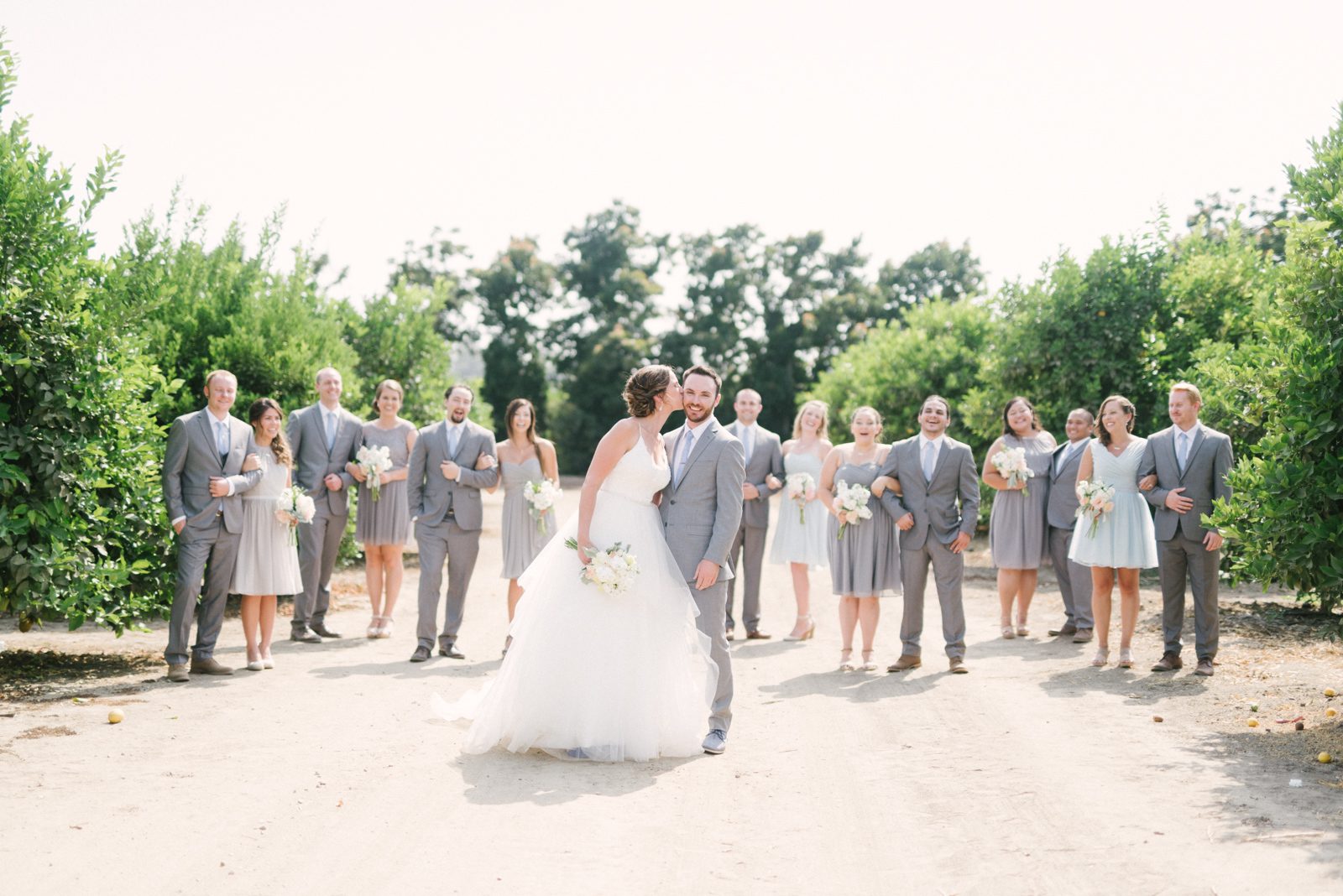 Bride and groom kiss surrounded by bridal party at Limoneira Ranch Wedding by Paso Robles Wedding Photographer Yvonne Goll Photography