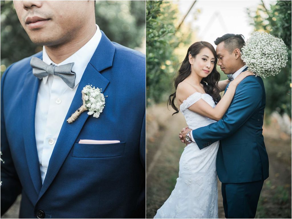 Bride and groom in orchard at Hartley Farm Wedding by Paso Robles Wedding photographer Yvonne Goll Photography
